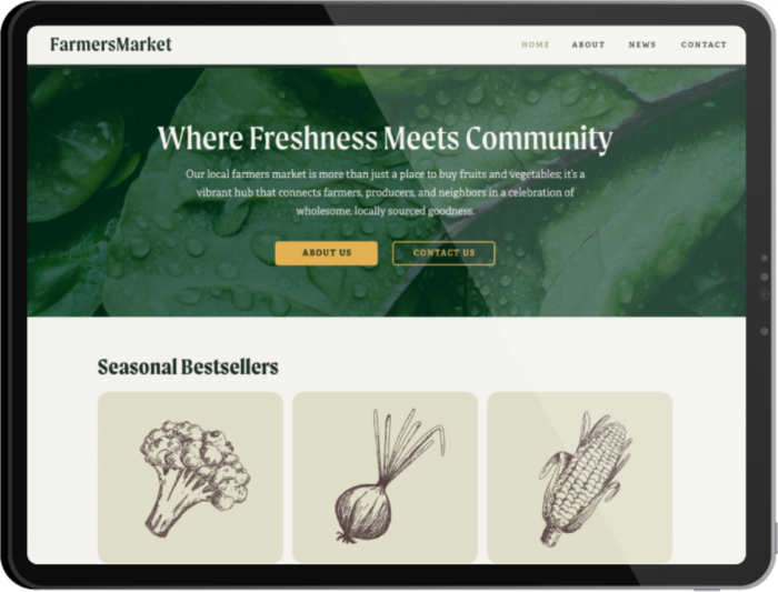 Tablet with a farmers market website home page that was created with Epik Web hosting
