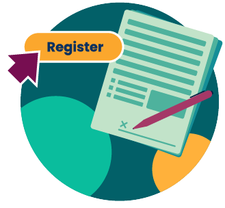 Graphic of LLC paperwork with a pen signing and a "register" button with an arrow pointing to it.