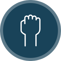 A blue circle with a white fist outline raised up