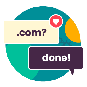 A chat with a user asking ".com?" and a chat responding with "done!"